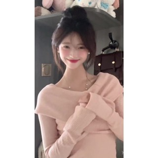 🔥2025新品限時特賣📣粉嫩少女感!!!【交叉小衫】一字肩抽褶長袖T恤女INS顯瘦獨特上衣【限時下殺價】