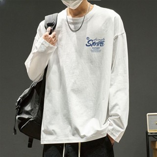 M-8XL 男士長袖 百搭 薄款寬鬆 上衣青少年學院風上衣秋季圓領體恤打底衫長袖上衣 上衣 印花T恤 oversize