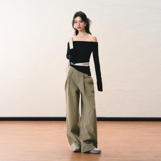 IS KR ins ✨韓國 米蘭 鬆弛感7Shiftin原創設計夏季新款綠色複古工裝褲寬鬆休閒褲褶皺闊腿長褲