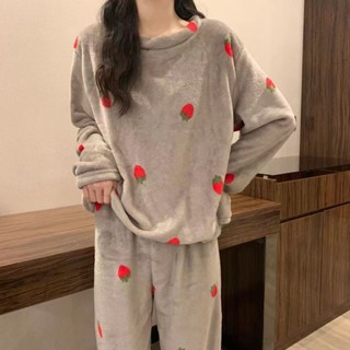 珊瑚絨家居服 秋冬睡衣 秋冬款法蘭絨ins草莓新款套裝時尚秋冬款珊瑚絨保暖家居服整套 保暖法蘭絨 加絨睡衣