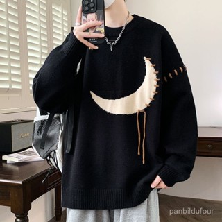【Smsl·潮流】月亮撞色毛衣男秋冬款圓領寬鬆休閒慵懶風加厚保暖打底針織衫外套