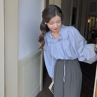 【Sweet Oversize】法式長袖襯衫女寬鬆2024春裝新款設計感係帶上衣複古木耳邊襯衣