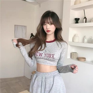 【Sweet Oversize】ins韓國高腰短款露臍上衣長袖灰色T恤女春秋跳舞緊身內搭打底衫