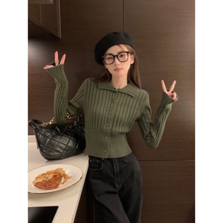 IS KR ins ✨韓國 米蘭 鬆弛感 東大門韓係短款坑條翻領針織衫毛衣女秋冬季設計感收腰修身內搭開衫上衣