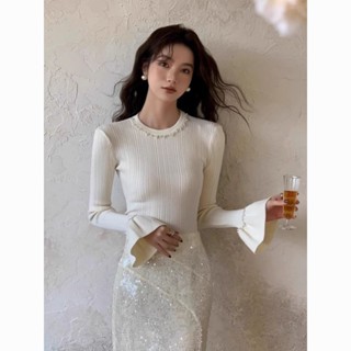 IS KR ins ✨韓國 米蘭 鬆弛感 東大門法式別緻絶美上衣釘珠喇叭袖高級感超好看的毛衣針織打底衫女