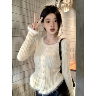 IS KR ins ✨韓國 米蘭 鬆弛感 東大門白色拚接毛邊針織開衫女秋冬季溫柔風坑條毛衣內搭chic打底上衣潮
