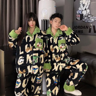 🔥限時下殺🔥卡通恐龍情侶睡衣男女款冬季加厚珊瑚絨加大碼法蘭毛絨條紋家居服