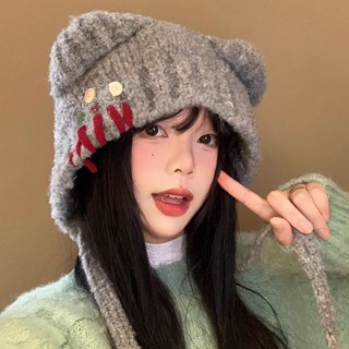 可愛紐扣小熊耳朵針織帽女冬季百搭顯臉小毛綫帽保暖防寒護耳帽子