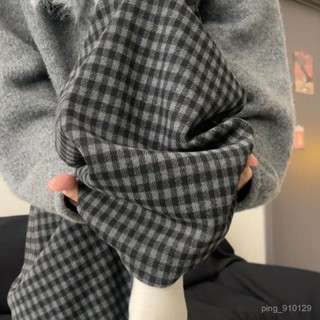 【上新】韓係複古毛呢格子褲加厚休閒闊腿長褲闊腿長褲 運動長褲 寬鬆顯瘦長褲 大尺碼保暖褲 休閑加絨 外穿長褲