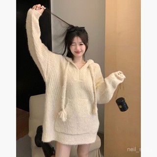 【免費參觀】 中長款針織毛衣 秋冬衣服 毛衣女 軟糯糯寬鬆連帽毛衣女秋冬季高階感時尚洋氣慵懶風長袖針織衫外套 J4FZ