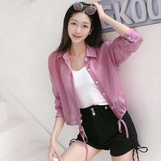 薄款襯衫 夏季新款上衣 POLO領韓版襯衫 抽繩收腰防曬衣 係帶短款防曬襯衣 寬鬆外穿上衣 秋冬長袖襯衫 女生襯衫