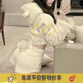 上新·小心機可愛小熊連帽睡衣女款秋冬季毛絨長袖短褲可外穿家居服套裝加大甜美可愛睡衣陷阱妹硬妹珊瑚絨睡衣套裝羔羊絨睡衣外套