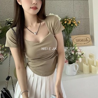 【褶皺修身顯瘦~短版短袖】短袖女 短版上衣女 緊身顯瘦短袖 鎖骨短袖上衣 修身顯瘦短袖 短t【唯家】
