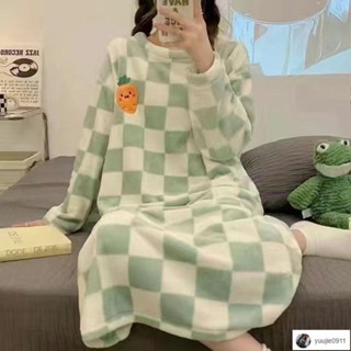 🔥臺灣出貨🔥Smile💛韓版ins睡裙 睡衣女冬季法蘭絨睡裙女秋冬保暖中長款珊瑚絨可愛加厚學生韓版
