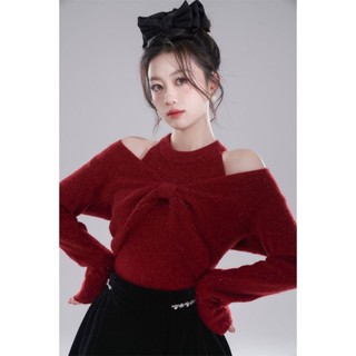 【上新】新年紅色上衣 亮絲法式辣妹露肩蝴蝶結毛衣針織衫背心長袖修身上衣 長袖性感 節日活動 本命過年 冬天保暖 打底外穿