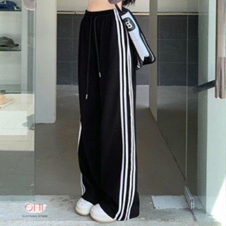 【ohi】大尺碼側條紋鬆緊腰運動休閒褲女 長褲 黑色長褲 鬆緊腰 高腰顯瘦百搭闊腿長褲 休閒長褲女GPSS758