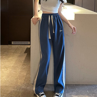 【ohi】高腰顯瘦百搭闊腿長褲 大尺碼側條紋鬆緊腰運動休閒褲女 長褲 黑色長褲 鬆緊腰 休閒長褲女(GPS336)
