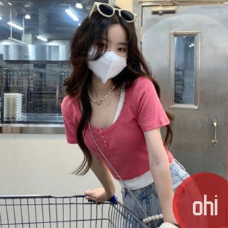 【ohi】短袖t恤女夏季顯瘦百搭小個子假兩件短款半袖上衣女 女生衣著 短版上衣 露臍上衣 短袖T恤 顯瘦GTM373