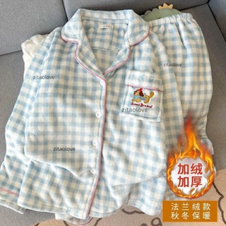 格子珊瑚絨睡衣女秋冬季新款可愛臘腸狗加絨加厚保暖法蘭絨家居服 居家服 臘腸小狗 可愛睡衣