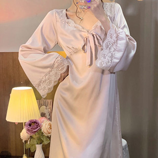 🌸特價🌸【精選】新款2025年春秋宮廷風蕾絲甜美睡衣女長袖雪紡公主風睡裙帶胸墊