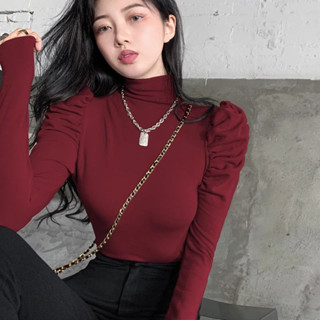 秋冬季半高領內搭打底衫女長袖小眾泡泡袖T恤保暖上衣內刷毛 女發熱衣 保暖衣 德絨打底衫 刷毛上衣 日本發熱衣 保暖衣服