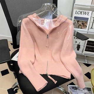 臺灣出貨★長袖襯衫 韓版雙拉鍊連帽緊身毛衣女短版外套早春秋季氣質針織小外套女上衣 襯衫日系 方領襯衫 襯衫蕾絲 七分袖女