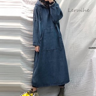 ✨U家女裝✨M-2XL日系洋裝大尺碼洋裝長袖洋裝洋裝森女瑞洋裝大尺碼女裝牛仔洋裝連帽長裙休閒百搭長裙潮1336
