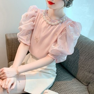 【免運】韓國chic夏季高階感名媛釘珠雪紡衫女設計圓領泡泡袖寬鬆繡花上衣