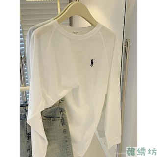 【韓綉坊】韓係精品 品質款！氣質上衣 韓版上衣 大尺碼女裝 百搭圓領長袖T恤 白色刺繡雪花棉插肩袖寬鬆薄款防曬罩衫