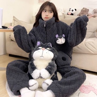 有點東西🧥韓版ins可愛路西法貓珊瑚絨睡衣女秋冬季加絨加厚卡通家居服套裝冬季睡衣 卡通睡衣 睡袍 居家服