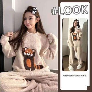 卡通小浣熊加厚睡衣女冬季保暖珊瑚絨家居服長袖套裝絨毛睡衣 長袖保暖家居服 珊瑚絨上衣 法蘭絨上衣 搖粒絨睡衣 睡衣可愛