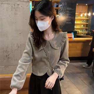 【免運出貨】長袖襯衫韓版顯瘦氣質燈芯絨襯衫女士秋冬短版設計感小眾洋氣減齡內搭打底上衣襯衫燈芯絨襯衫短板襯衫寬鬆襯衫