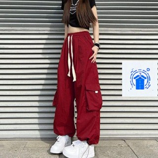 【老闆推薦】不限制任何身材 美式復古酒紅色直筒抽繩工裝褲女高腰顯瘦多口袋寬松運動休閑褲潮