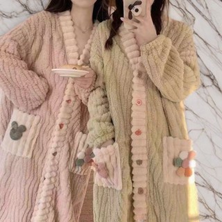 法蘭絨睡袍睡衣女秋冬加厚彩虹睡裙開衫長款珊瑚絨保暖家居服套裝【Jsna皇后】