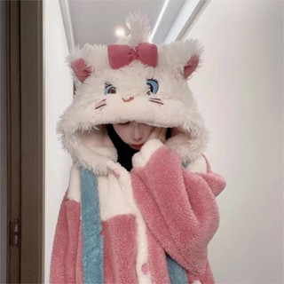 少女卡通貓咪睡衣冬季珊瑚絨加厚連帽可外穿冬季睡袍女長款家居服【Jsna皇后】