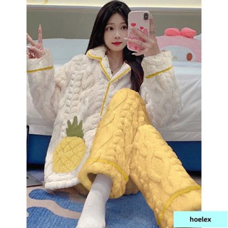 低價/清倉/FS秋冬加厚鳳梨翻領麥穗絨睡衣女珊瑚絨法蘭絨家居服套裝