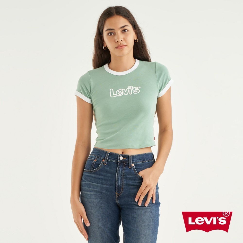 Levis 復古滾邊短版T恤 / 修身版型 / LOGO泡泡 / 粉粉綠 女款 A3523-0045 熱賣單品