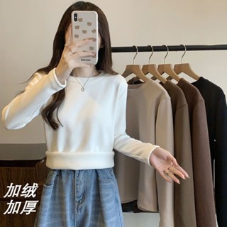 【臺灣出貨】秋冬季韓版百搭圓領T恤上衣女加絨加厚長袖洋氣內搭打底衫潮 加絨保暖衣 美膚衣 發熱內衣 長袖內衣 打底衫