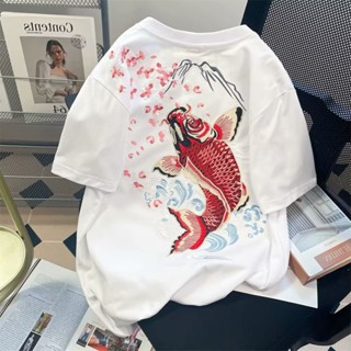國潮中國風鯉魚印花短袖T恤 夏季 民族風 寬鬆 百搭 情侶 大尺碼 五分袖 短t 青少年 上衣（XB1269）【壹號站】
