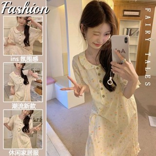 see 女生睡衣 居家服 家居服 睡衣套裝 夏季韓版新款ins甜美睡裙女夏天可外穿少女短袖荷葉邊家居服睡衣