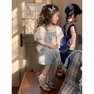 ARY 女童套裝 女童夏裝 寶寶短袖套裝 韓國童裝女童牛仔背帶短褲2024夏季新款洋氣女寶卡通短袖可愛套裝