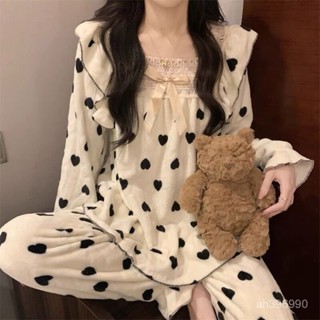 🌸可可裡🌸方領蕾絲甜美蝴蝶結長袖睡衣女冬季珊瑚絨加絨洋氣公主風學生套裝