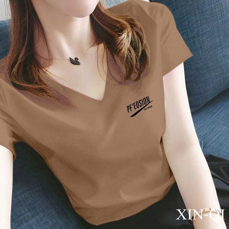 M-4XL 短袖T恤 短袖上衣 短袖衣服 上衣女 短T T桖女 白色v領短袖t恤女新款夏季半袖韓版寬鬆大碼上衣女 短袖女