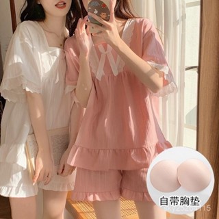 爆款熱賣❤睡衣帶胸墊女夏天短袖宮廷風套裝純棉夏季甜美寬鬆胖妹妹大碼睡衣 DFTH