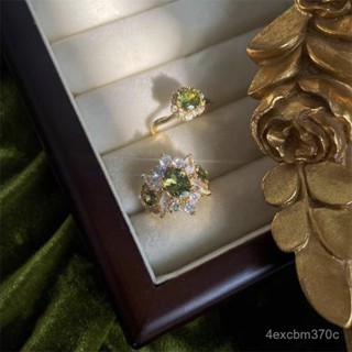 【慧琳生活館】 戒指 戒指指環 vintage中古戒指女ins橄欖綠鋯石食指戒複古輕奢高級法式開口指環