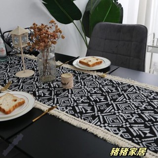 品質保障🐽🐽簡約桌旗 黑色幾何桌旗巾 流蘇 現代民族風茶几旗 餐桌布 裝飾蓋巾 電視櫃鬥櫃 桌墊 桌旗布 長桌巾We