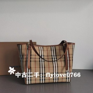 二手 BURBERRY 博柏利 Horseferry 戰馬格紋帆布托特包/手提包/購物袋/單肩包 5788