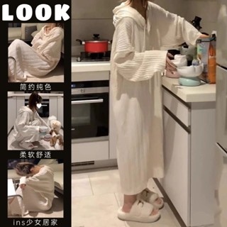 【臺灣出貨】韓版網紅慵懶風簡約睡裙女 春秋季ins寬松休閑睡衣 中長款家居服連衣裙 連帽睡袍口外穿