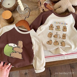 🐻卡皮巴拉🐻兒童長袖T恤 純棉卡皮巴拉印花上衣 男女童長袖 洋氣打底T恤寶寶卡通打底衫 寶寶衣服 兒童純棉長袖T恤