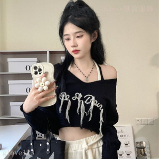 🌷臺灣出貨🌷美式字母 刺繡 毛衣女 兩件套 掛脖吊帶 鹽係高階感 chic上衣 甜辣 針織衫 短版上衣 長袖T恤女